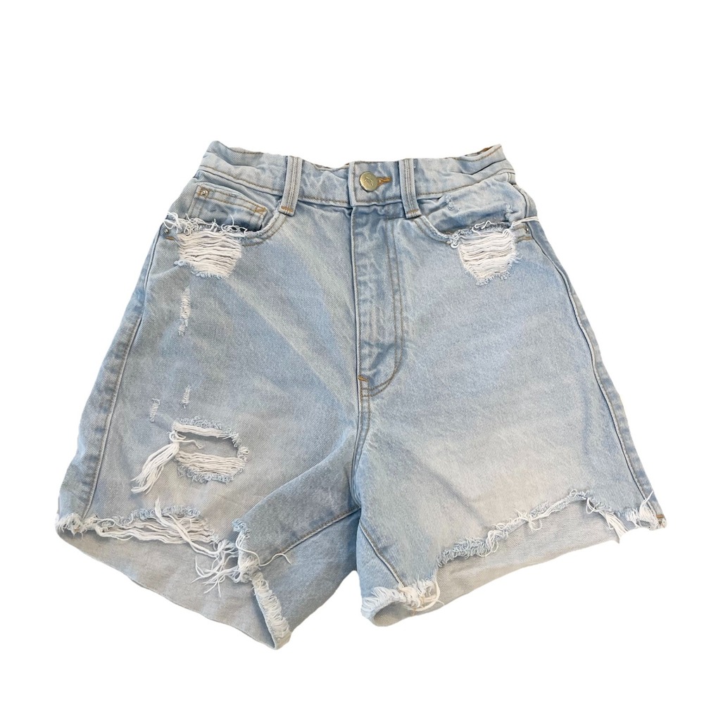 ZARA High Waist Denim Mom Shorts Light Blue Cotton Size 0 Vintage Vibes Distress - Picture 1 of 6